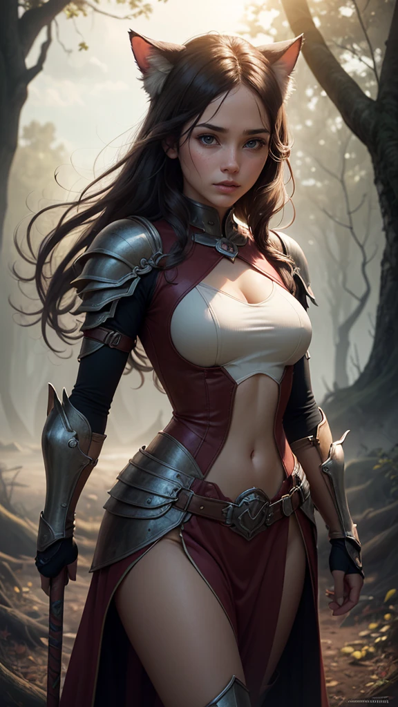 Cat girl with silky white fur with brown spots, standing alone in burning forest, wearing dented copper metal futuristic armor, casting a fireball spell with right hand extended and left hand holding a magic staff, dark foggy raining, sun blocked by clouds, vintage photography, Realistic face, Realistic eyes, Detailed face, beautiful, anime aesthetic, hd photography, 