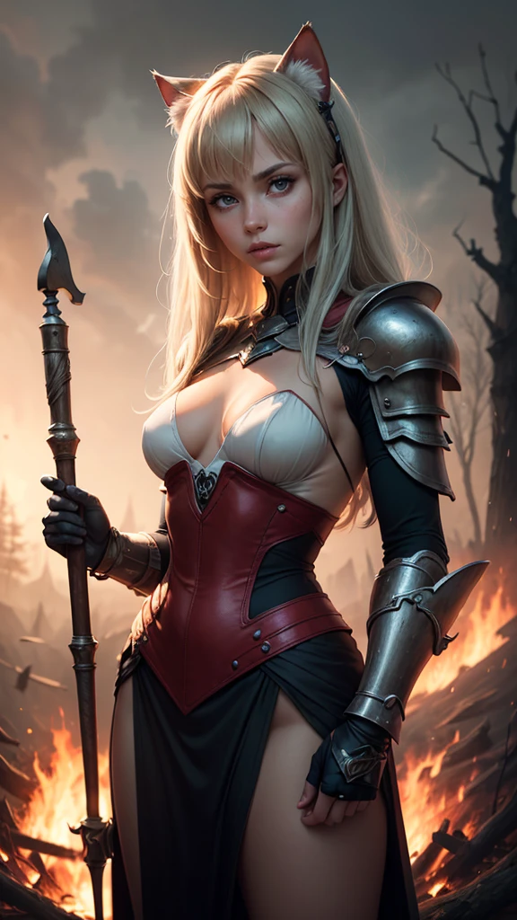 Cat girl with silky white fur with brown spots, standing alone in burning forest, wearing dented copper metal futuristic armor, casting a fireball spell with right hand extended and left hand holding a magic staff, dark foggy raining, sun blocked by clouds, vintage photography, Realistic face, Realistic eyes, Detailed face, beautiful, anime aesthetic, hd photography,