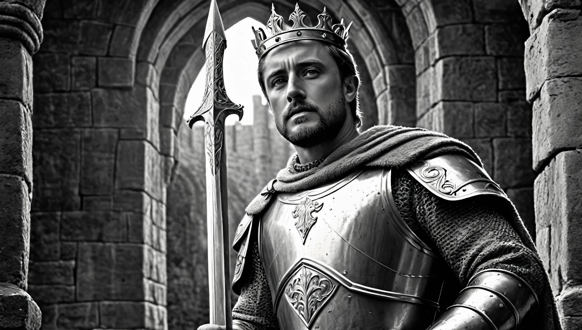 Rey Arturo
"Create a hyperrealistic, grayscale, high-definition image of King Arthur holding Excalibur, standing in a medieval castle. Arthur should be dressed in royal armor, with detailed engravings. The background should include elements of Camelot, with banners and stone walls. Use dramatic lighting to emphasize the nobility and mystique of Arthur."