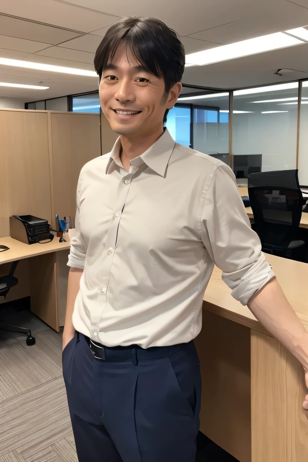 Japanese man in his 40s, Upper Body,Fine grain,A little smile,Inside the office,short hair, View your viewers