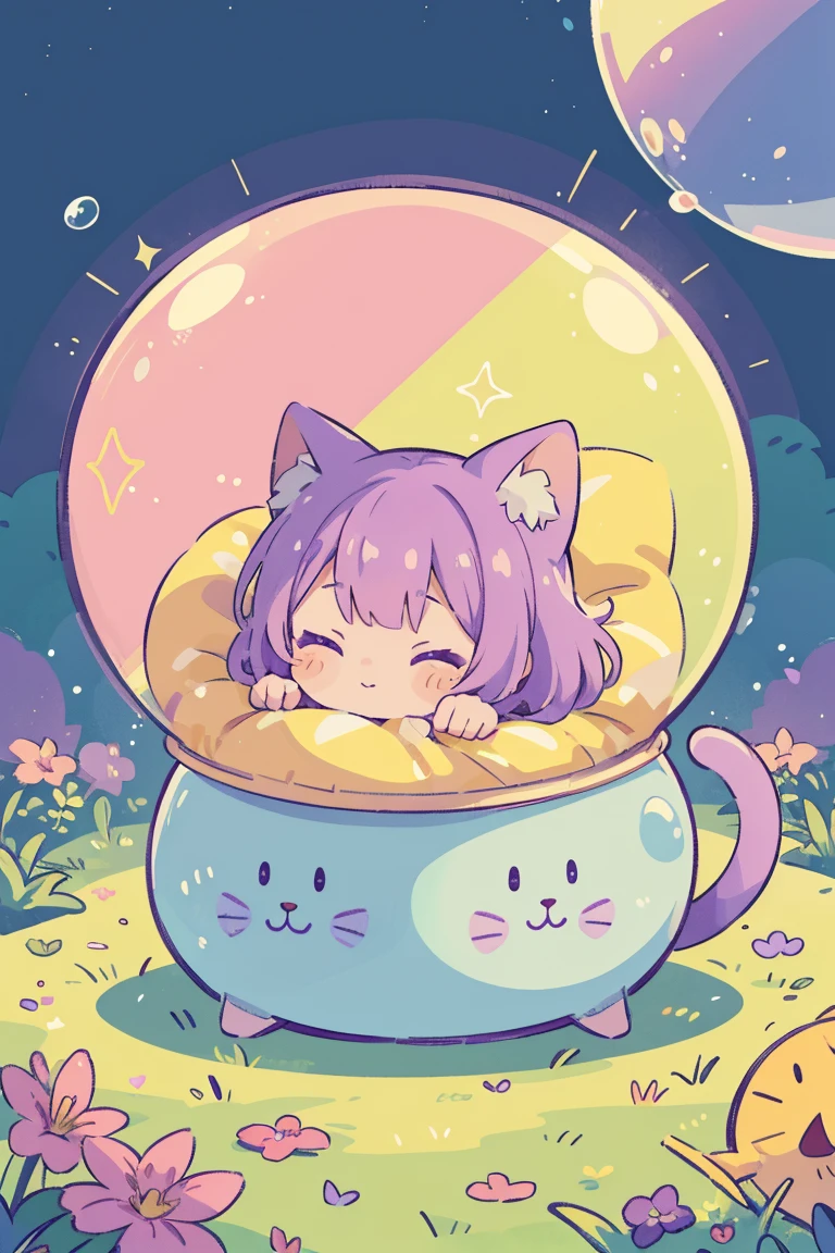 Cat, One, pastel colour, (purple, green, pink, yellow), comfortable, dream-like, Stickers, bubble, Sparkling, shine、No humans