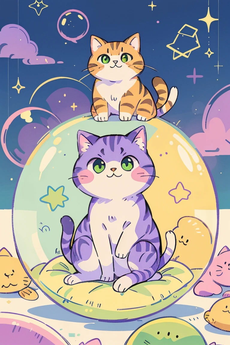 Cat, One, pastel colour, (purple, green, pink, yellow), comfortable, dream-like, Stickers, bubble, Sparkling, shine、No humans