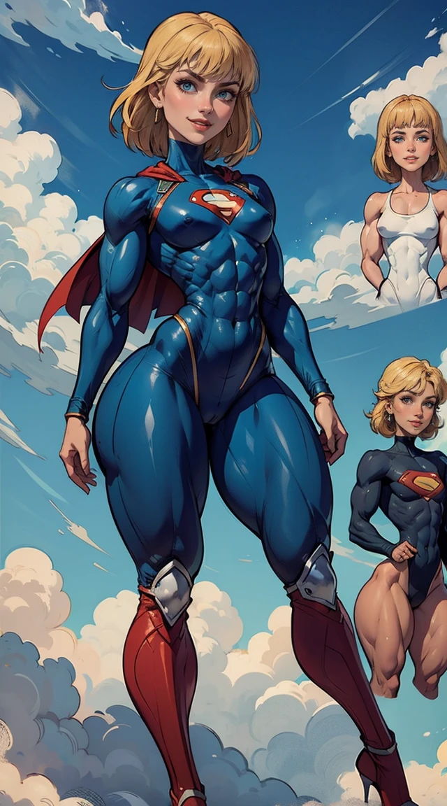 (Muscular:1.9), (thick thighs:1.9),
blonde female, (supergirl), (big smile:1.5), (blunt bangs), (ponytail:0.7),
earrings, lipstick, eyeshadow,
hard nipples, (flat chest:1.5),
(full body suit, blue bodysuit:1.6), (small cape:1.3),
looking at viewer, three quarter view, (upper body view:2),
(floating, in midair, sky and clouds background:1.3), rim lighting, two tone lighting, dim lighting, bokeh, detailed skin, detailed eyes
