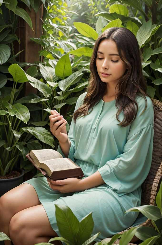 "A serene and high-definition image of a person sitting comfortably in a beautiful garden or a cozy corner, surrounded by lush greenery or warm lighting, with a Bible open in their hands and a look of contemplation and peace on their face, symbolizing spiritual growth and connection with faith."