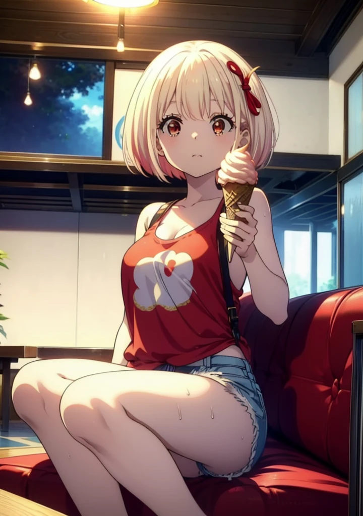Chisato Nishikigi, short hair, bangs, Blonde, (Red eyes:1.5), Bobcut,smile,Open your mouth,Sweat,Red Tank Top,Shorts,barefoot,barefoot,Sitting on the sofa,Holding an ice cream in one hand,Eating ice cream,Daytime,True Summer,whole bodyがイラストに入るように,
break outdoors,room,
break looking at viewer, whole body,
break (masterpiece:1.2), Highest quality, High resolution, unity 8k wallpaper, (figure:0.8), (Beautiful attention to detail:1.6), Highly detailed face, Perfect lighting, Highly detailed CG, (Perfect hands, Perfect Anatomy),