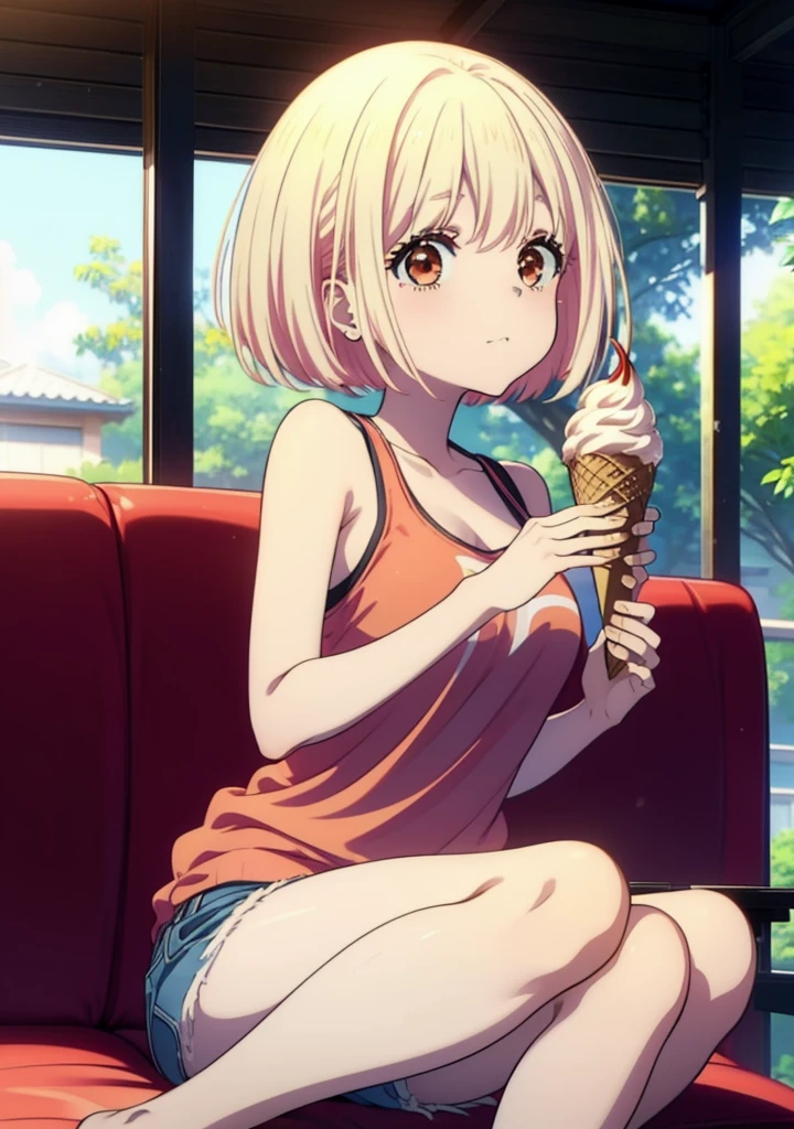 Chisato Nishikigi, short hair, bangs, Blonde, (Red eyes:1.5), Bobcut,smile,Open your mouth,Sweat,Red Tank Top,Shorts,barefoot,barefoot,Sitting on the sofa,Holding an ice cream in one hand,Eating ice cream,Daytime,True Summer,whole bodyがイラストに入るように,
break outdoors,room,
break looking at viewer, whole body,
break (masterpiece:1.2), Highest quality, High resolution, unity 8k wallpaper, (figure:0.8), (Beautiful attention to detail:1.6), Highly detailed face, Perfect lighting, Highly detailed CG, (Perfect hands, Perfect Anatomy),