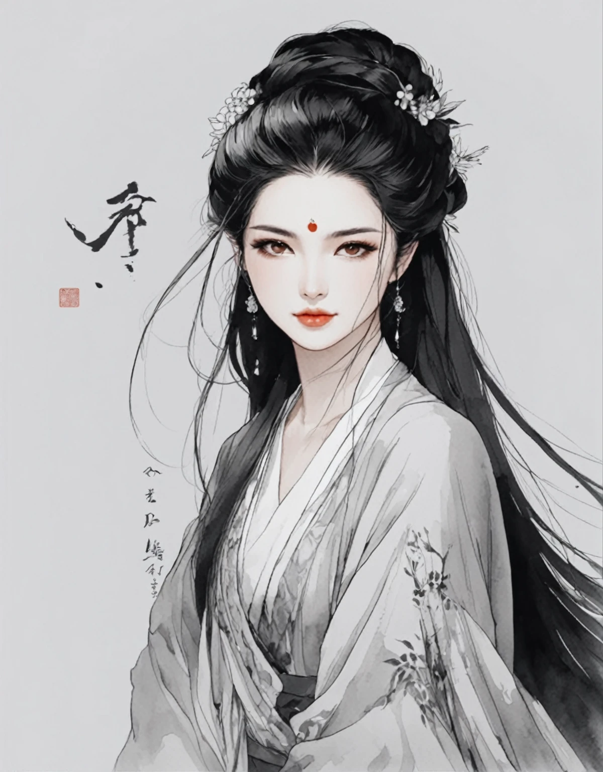 Ink painting style,Beauty side face,Long hair,The entire painting is a close-up high-definition photo of the upper body of the person,Solid color background,Clean background