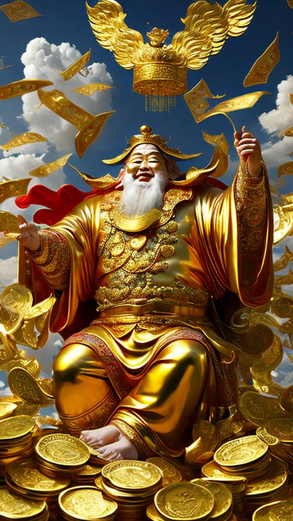 Zhao Gongming, the God of Wealth,Realistic,Surrounded by money,Falling into the cornucopia,Gold coins flying all over the sky,