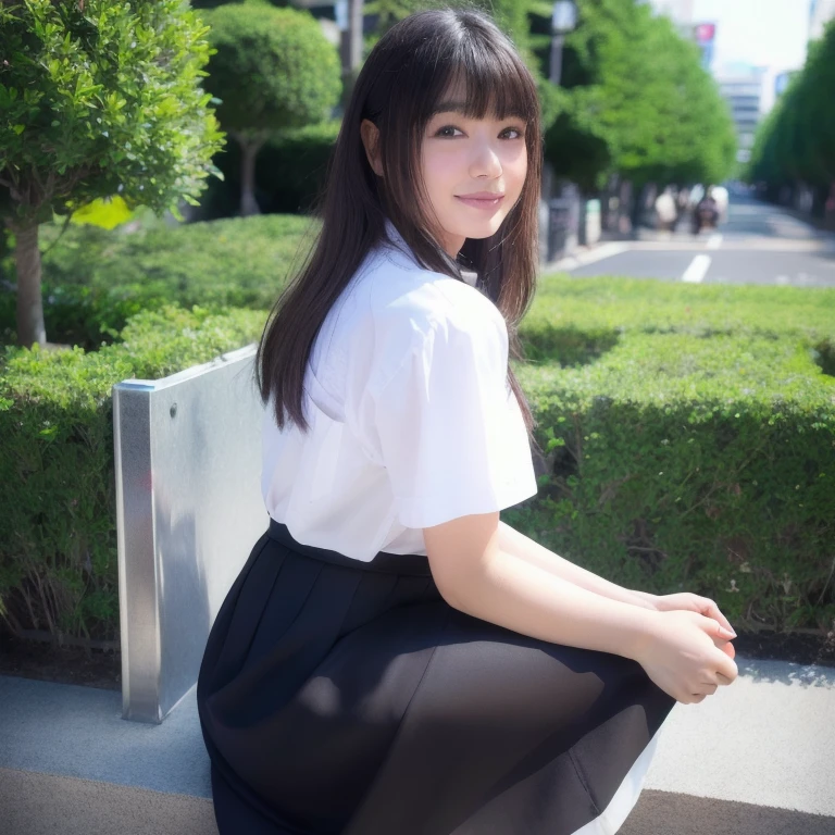 In detail, High resolution, high quality、Perfect dynamic composition, Beautiful attention to detail, Medium Hair, 、Natural color lip,Kamimei、Shibuya Ward、company employee、1 person、Clear Skin、Shiny Hair、Tabletop, 最high quality, figure, Ultra-detailed details, High resolution, 8K,T-Shirts(white)And a long skirt(black),Anatomically correct,cute,Perfect and beautiful hands,smile