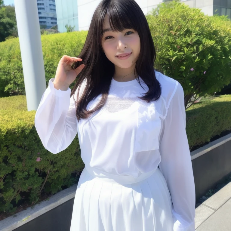 In detail, High resolution, high quality、Perfect dynamic composition, Beautiful attention to detail, Medium Hair, 、Natural color lip,Kamimei、Shibuya Ward、company employee、1 person、Clear Skin、Shiny Hair、Tabletop, 最high quality, figure, Ultra-detailed details, High resolution, 8K,T-Shirts(white)And a long skirt(black),Anatomically correct,cute,Perfect and beautiful hands,smile