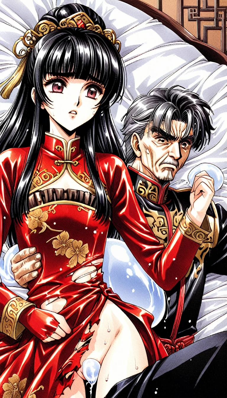 A tragic historical drama in 8k live-action style: Beautiful palace secrets Beautiful 10 year old Chinese Kung Fu girl princess with short black hair has very rough unwanted sex with old man emperor Gorgeous embroidery, Ultra glossy, She is wearing a shiny red top and bottom long sleeve floral kung fu suit.... Her clothes were torn to shreds by the old man, exposing her genitals. In a bed covered in white slime