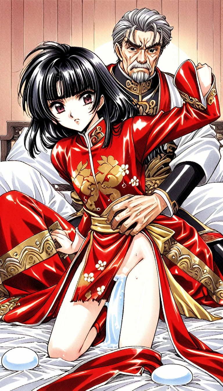 A tragic historical drama in 8k live-action style: Beautiful palace secrets　Beautiful  Chinese Kung Fu girl princess with short black hair has very rough unwanted sex with old man emperor　Gorgeous embroidery, Ultra glossy, She is wearing a shiny red top and bottom long sleeve floral kung fu suit....　　Her clothes were torn to shreds by the old man, exposing her genitals.　In a bed covered in white slime