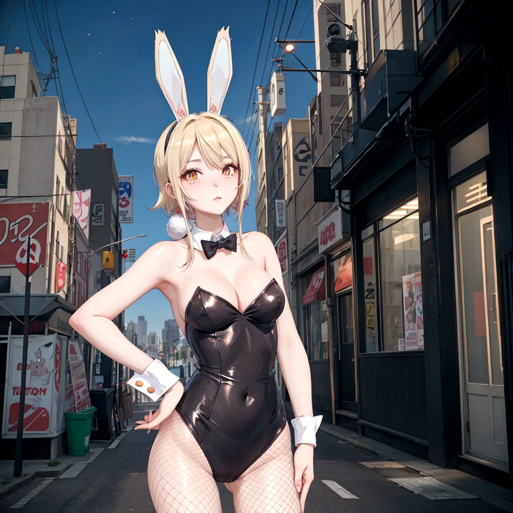 Sharp Eyes、anime character Bunny ears付き and a black bodysuit standing in a city street, Fishnet tights、Bunny girl, サイバネティックなBunny earsを着けている, Playboy Bunny, Bunny ears付き, Bunny Punk, with big Bunny ears, Bunny Suit, Lola Bunny fan art, with long floppy Bunny ears, Kagamine Rin, Bunny ears, Playboy Style, thug_character, wearing a Bunny Suit