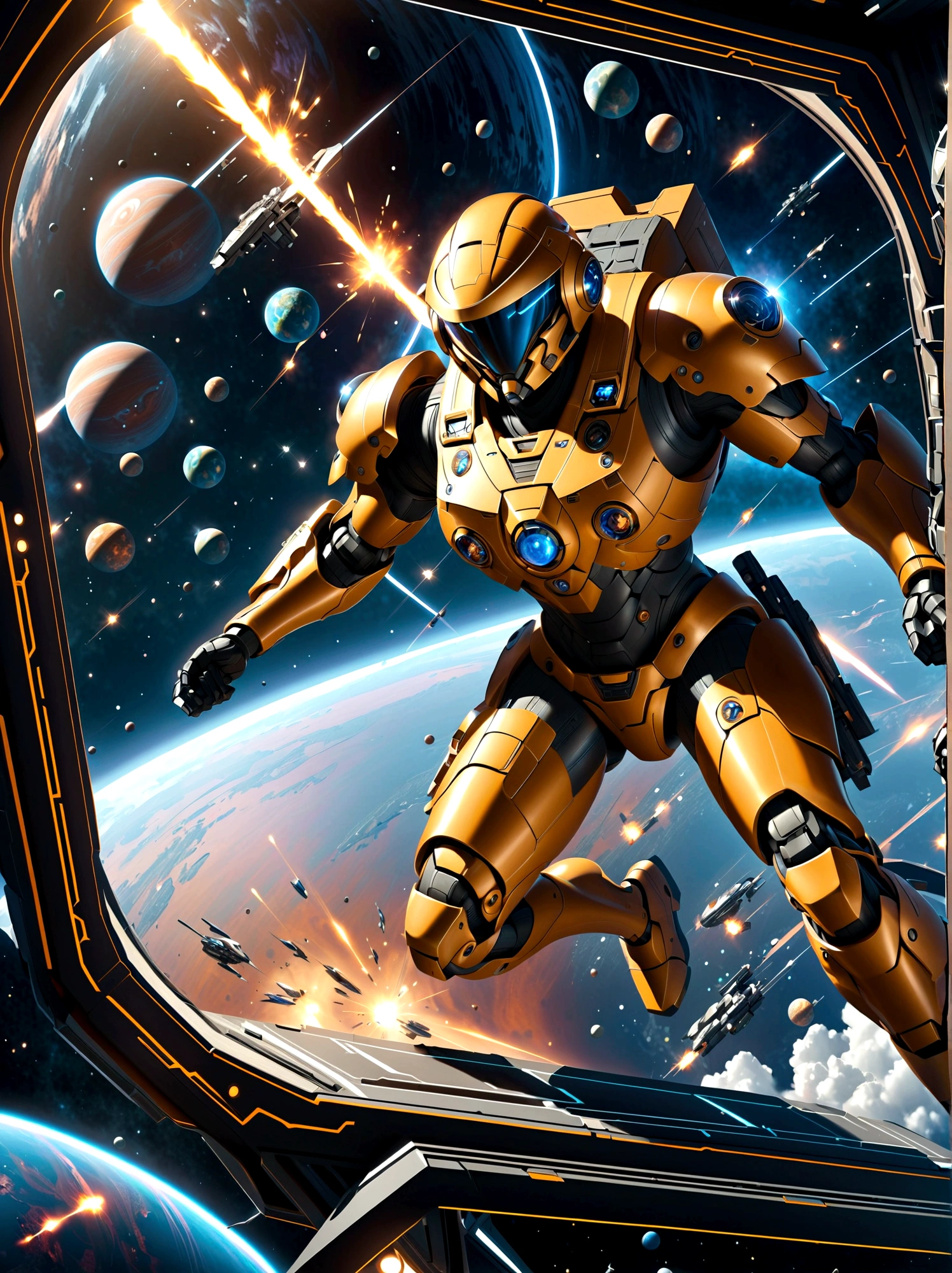 Space soldiers, locked in an intense battle aboard a mothership, defending against an incoming horde of robotic aliens. The soldiers, equipped with advanced armor and futuristic weapons, display courage and determination. Meanwhile, the robotic aliens, devoid of fear or pain, launch an unrelenting attack. Sparks fly everywhere as energy beams ricochet off the metallic interior of the ship. Through the large portholes, the endless expanse of the cosmos can be seen, planets and stars providing a stunning backdrop to this dramatic space warfare.