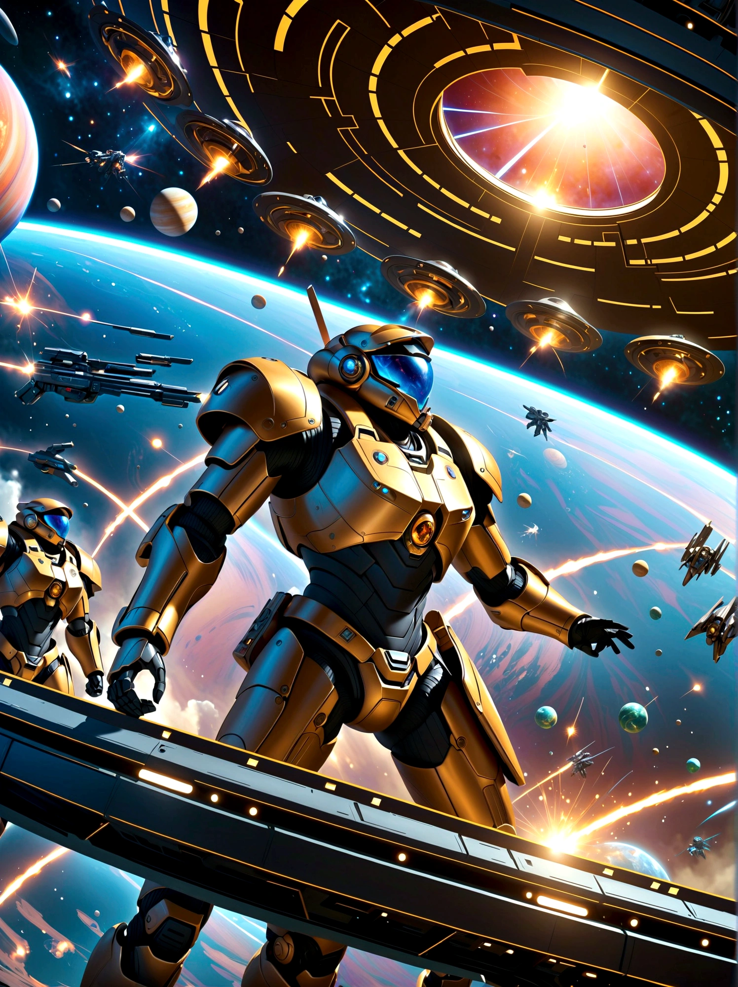 Space soldiers, locked in an intense battle aboard a mothership, defending against an incoming horde of robotic aliens. The soldiers, equipped with advanced armor and futuristic weapons, display courage and determination. Meanwhile, the robotic aliens, devoid of fear or pain, launch an unrelenting attack. Sparks fly everywhere as energy beams ricochet off the metallic interior of the ship. Through the large portholes, the endless expanse of the cosmos can be seen, planets and stars providing a stunning backdrop to this dramatic space warfare.