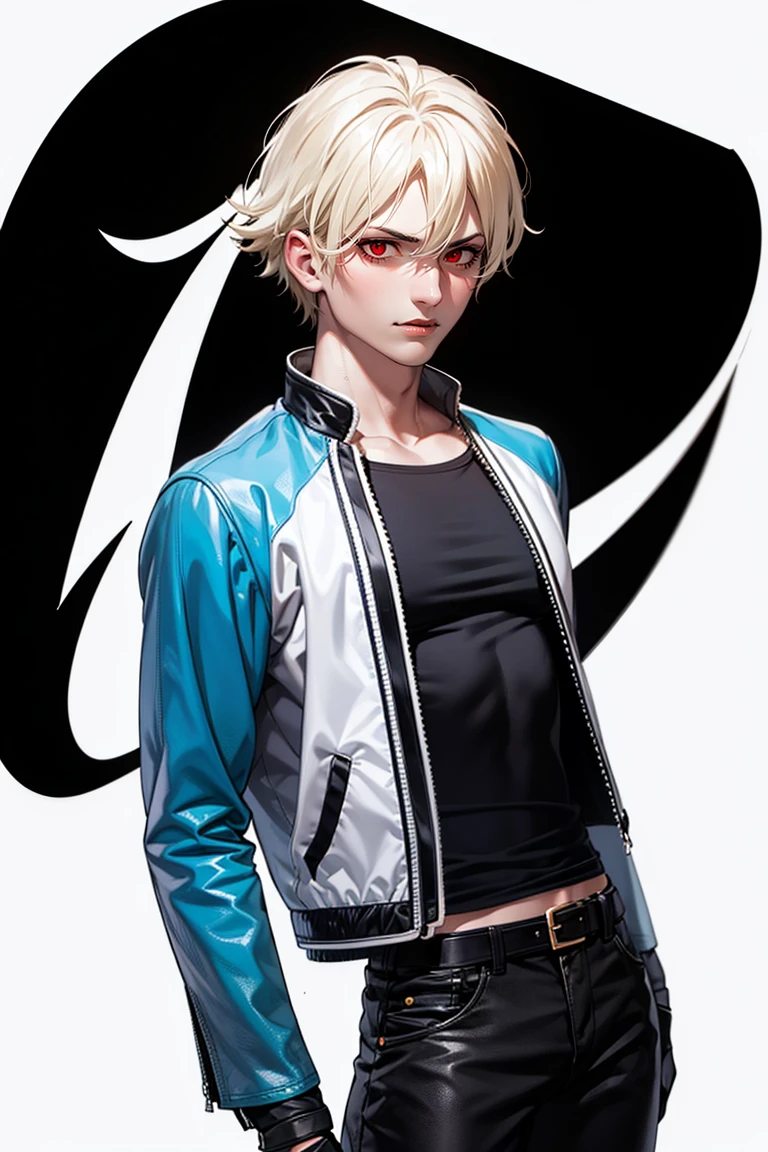 Rock., 1 young boy, white blue jacket, black tee, medium shot, gloves fingerless, perfect hands, black pants, waist belt, Centered image, best qualityer, work of art, high resolution, perfect photo, highy detailed, colors, shiny colors, perfect color palette, standing alone, pretentious smile, detailedeyes, White background, simple background