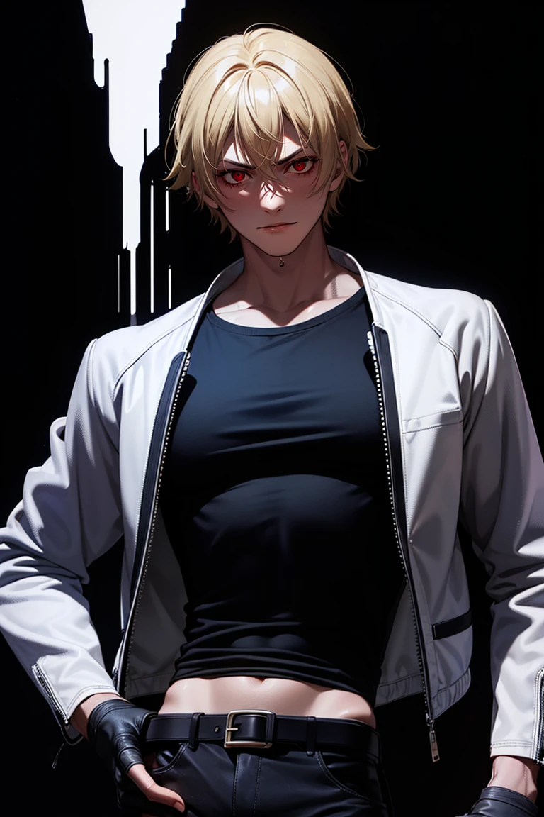 Rock., ung boy, white blue jacket, black tee, medium shot, gloves fingerless, perfect hands, black pants, waist belt, Centered image, best qualityer, work of art, high resolution, perfect photo, highy detailed, colors, shiny colors, perfect color palette, standing alone, pretentious smile, detailedeyes, White background, simple background