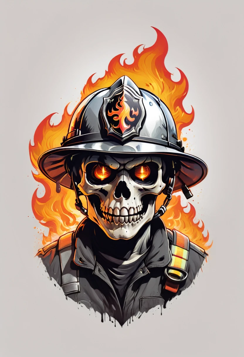 creative logo illustraton of a scary firefighter skull with flaming eyes holding a silver axe, , The illustration is set against a white background. The overall theme is vibrant and fantastic with a touch of digital art sketch by frank frazetta, dan mumford, carne griffith