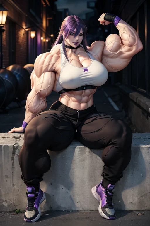 ((((Massive, beautiful, buff, pale white skinned  woman with violet purple hair, black lipstick, ginormous bulky muscles, sitting on a wall and wearing a black sports bra with jogging pants)))), ((close-up view)), massive muscles, massive biceps, hyper muscle shoulders, massive muscle arms, vascular shoulders, hyper muscle triceps, long hair with long bangs, black eyes, choker, sneakers, (in a gritty alley at night), long fingerless gloves, (evil smile), hyper vascular arms, hyper muscles arms, hyper muscle legs, massive arms