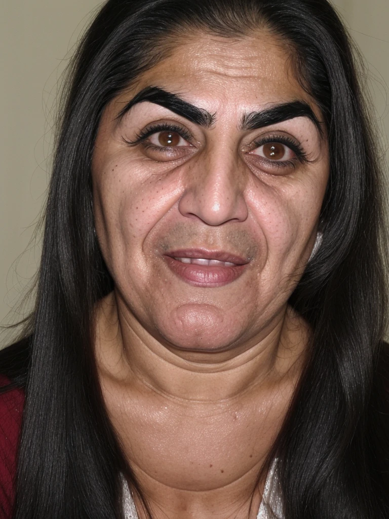 her name is Fatima, a middle-aged Kuwaiti woman, (((thick eyebrows))), (((snub nose))), (30 years old), (wrinkles), (ugly_face:1.6), 1girl, solo, (black long hair), grainy, amateur photo, smile