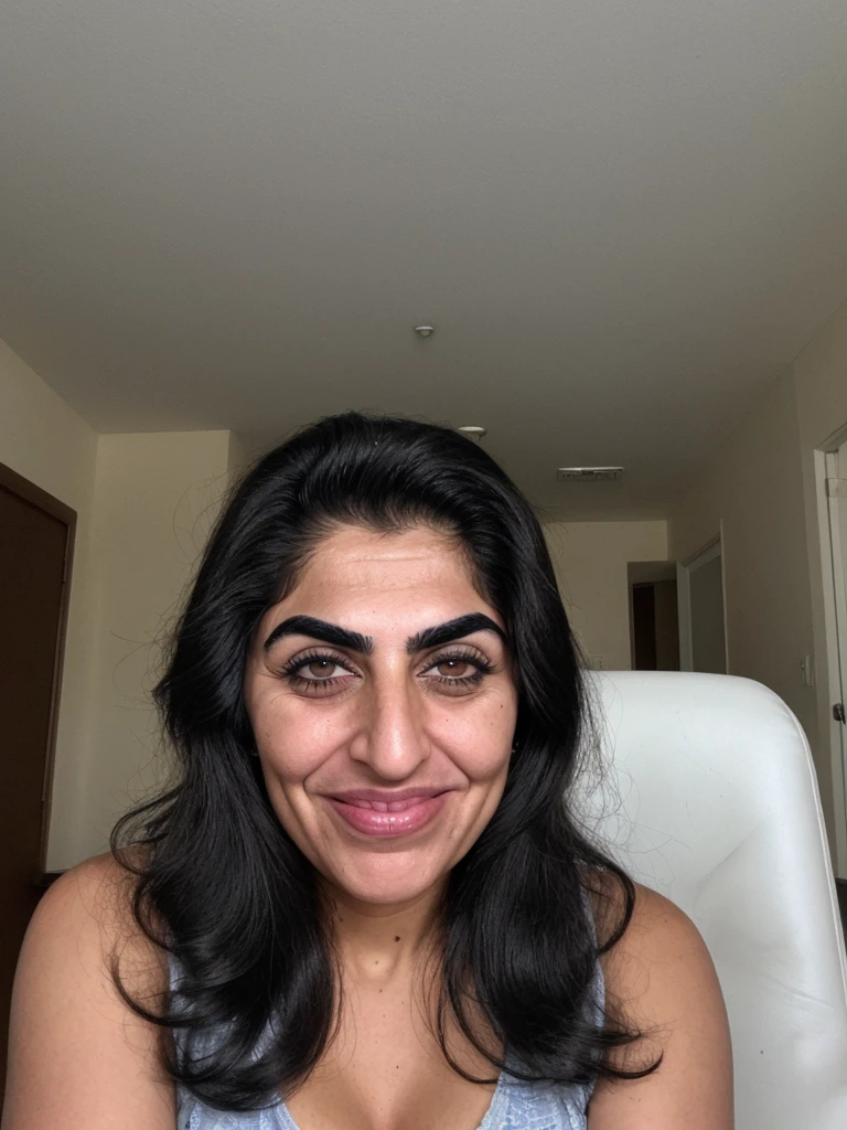 her name is Fatima, a middle-aged Kuwaiti woman, (((thick eyebrows))), (((snub nose))), (30 years old), (wrinkles), (ugly_face:1.6), 1girl, solo, (black long hair), grainy, amateur photo, smile