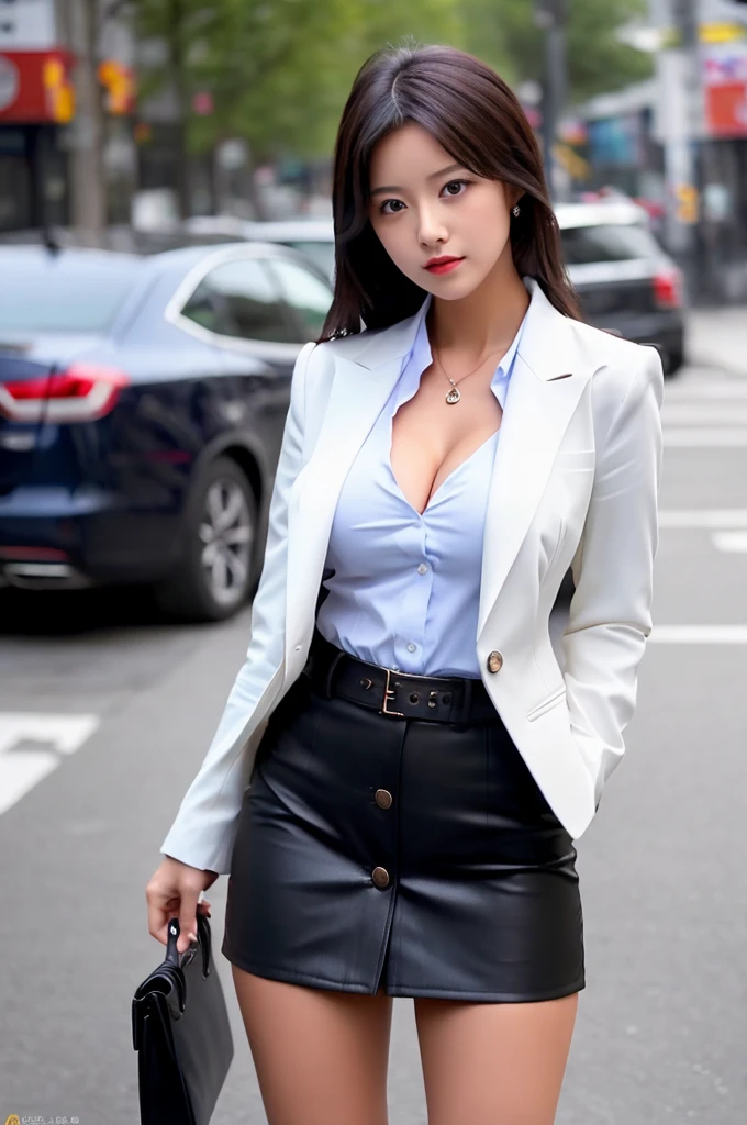 a girl, she is the most beautiful actress in the world, the perfect body proportions of this girl, the blazer is firmly closed by it's two buttons, the skin of her upper body with it's large breasts are covered 100% by the shirt that's covered by the blazer, the short skirt below the blazer is hardly hiding the crotch area between her bare legs, it's only one description of one body, it's from right above her head to right above her feet are just within this frame, all her body is looking forward to viewer, she is standing at the city street, nsfw, best quality, highly detailed, masterpiece, ultra high res, photo realistic, 8k, RAW photo