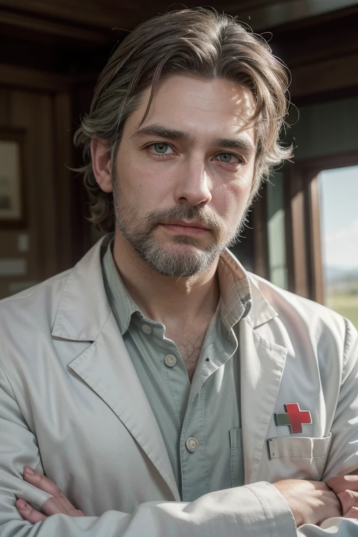 Absurd resolution, high resolution, (work of art: 1.4), hiper-detalhe, middle aged man in military medical uniform, scientific observatory background, wavy gray hair, clear green eyes, unshaven beard, white labcoat, salmon blouse, white jeans, symbol of the German Red Cross on the left arm and the German flag on the right arm of the coat 