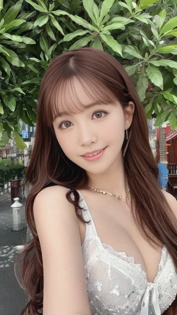 (Surreal), (High resolution), (8K), (Very detailed), (Beautiful and fine details), (Highest quality), (Ultra-detailed), (masterpiece), (Detailed face), Amusement park background、Yua Mikami's face、huge 、Japanese: Tie your hair up、Laughter、