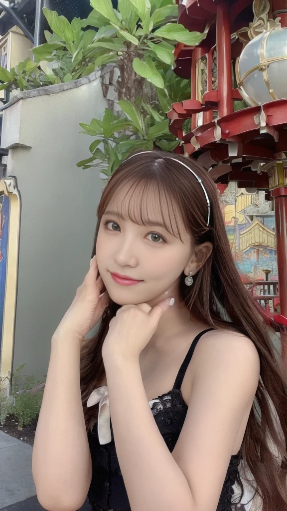 (Surreal), (High resolution), (8K), (Very detailed), (Beautiful and fine details), (Highest quality), (Ultra-detailed), (masterpiece), (Detailed face), Amusement park background、Yua Mikami's face、huge 、Japanese: Tie your hair up、Laughter、