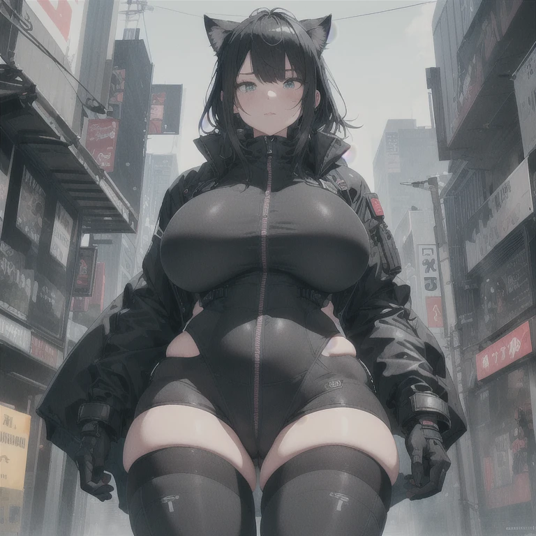 Absurd resolution,high resolution,(masterpiece: 1.4),hyper-detail,fullbody shot head to toe,full frontal camera perspective,solo,shorter,standing straight up,kemono feline cat gynomorph, big dick, big penis bulge, puffy inverted nipple silhouette,no skin other than neck and head shown,utility suit,black hair,messy ponytail,cute face,detailed soft grey luminous eyes,huge massive hyper super swollen heavy breasts,breasts so big that cover her whole torso and are bigger than her head while being so big they reach her belly button,extremely super large swollen perky heavy bust,super huge enormously gigantic tits,gigantic breasts stretching/straining out of her outfit looking like they are about to burst out,breasts compressed squishing barely contained in outfit,inflated breasts,breasts_expansion,super gigantic swollen heavy tits,wide full hips,narrower torso and shoulders,smaller torso,narrower waist,full thicc big soft thighs,thicc big full thighs,big rounded full soft butt,thicc butt,ruggedized utility styled outfit,fully insulated suit,full body outfit coverage with no skin showing or revealed,airtight/watertight zippers and seals,scifi monochrome black and grey fullbody covering protective padding rugged loose-fitted pilot utility suit with strategically placed protective padding,white zipped utility cropped top for breasts support with a black strap horizontal across cleavage worn on top of suit,tactical strategic angular-patterned protective padding on hips and thighs and abdomen,practical/functional clothing,weather-proof durable clothing material,nylon clothing material,custom made clothing to fit and support large breasts,scifi padded rugged rigid high collar cropped cutout fitted techwear jacket,armored high collar,white and black triangular decals and techwear iconography on apparel and clothing,techwear gloves,ruggedized tech,ruggedized tech aesthetic,fitted utility pants,utility chaps,near future scifi,cyberpunk aesthetic,anime aesthetic,tactical aesthetic