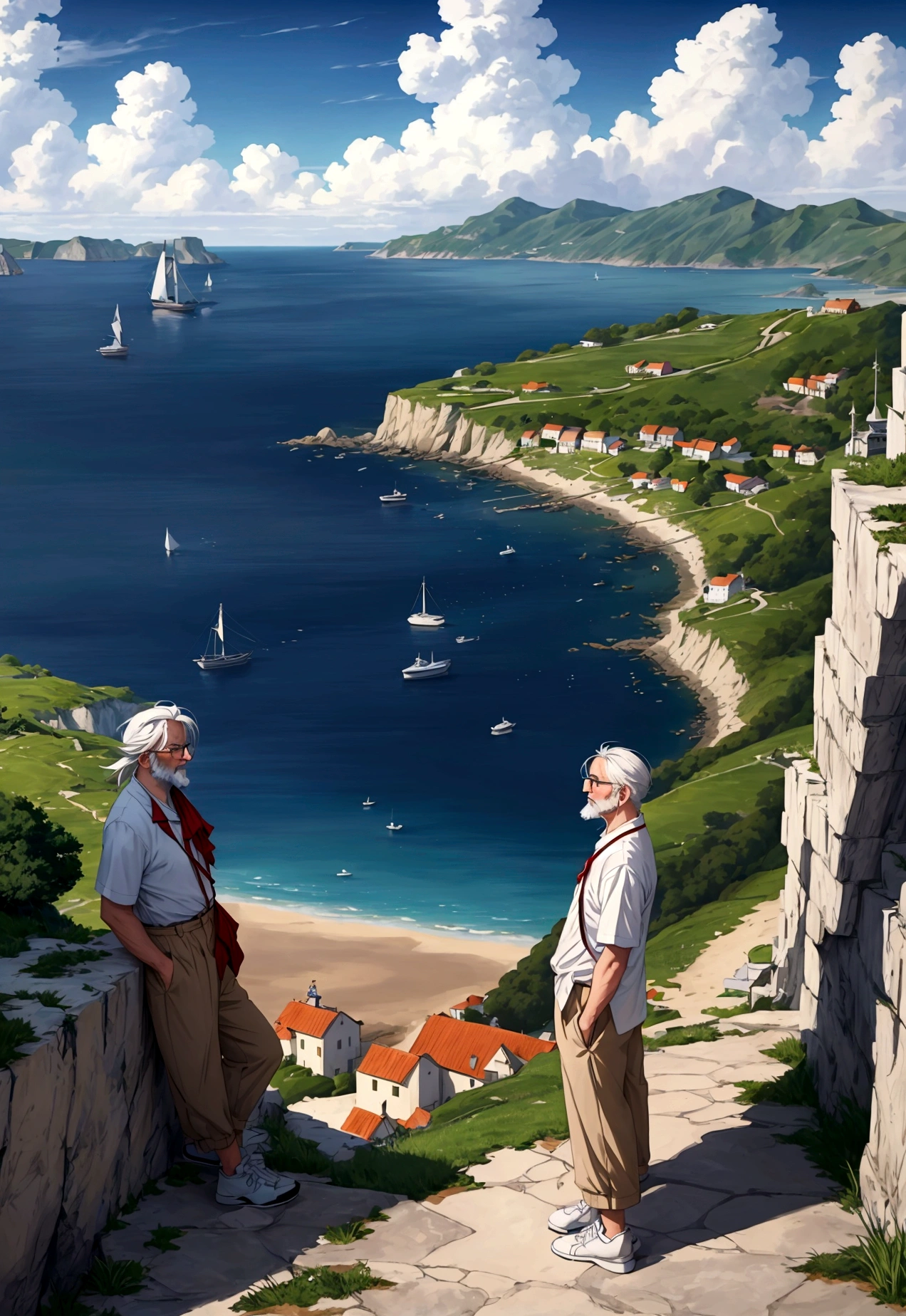 Create a high-quality anime-style image featuring an elderly man standing on a rocky cliff by the sea. The man has white hair, a beard, and is wearing round glasses. He is dressed in a white shirt, beige pants rolled up at the ankles, and white sneakers. His posture is relaxed, with his hands in his pockets, gazing thoughtfully into the distance.

The background consists of a clear blue sky filled with fluffy, white clouds. Below the cliff, there is a calm sea with boats and a small coastal village nestled at the foot of green, mountainous terrain. The scene captures a peaceful, reflective moment, with vibrant colors and detailed shading to emphasize the tranquil and contemplative atmosphere.