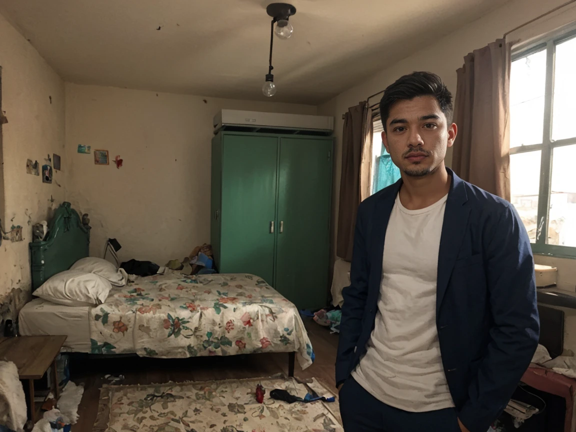 Realistic amateur photo posted to facebook ,handsome young men , Slum bedroom