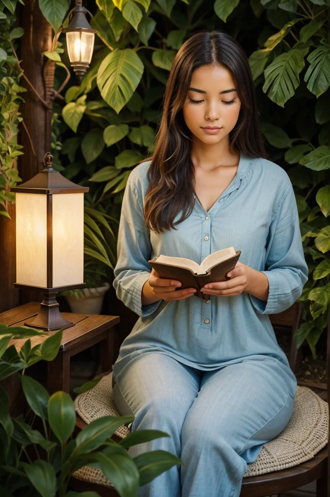 I understand you're looking for a high-quality image of someone reading a Bible in a peaceful setting. I'll try to provide you with a detailed prompt to generate the image:
"A serene and high-definition image of a person sitting comfortably in a beautiful garden or a cozy corner, surrounded by lush greenery or warm lighting, with a Bible open in their hands and a look of contemplation and peace on their face, symbolizing spiritual growth and connection with faith."