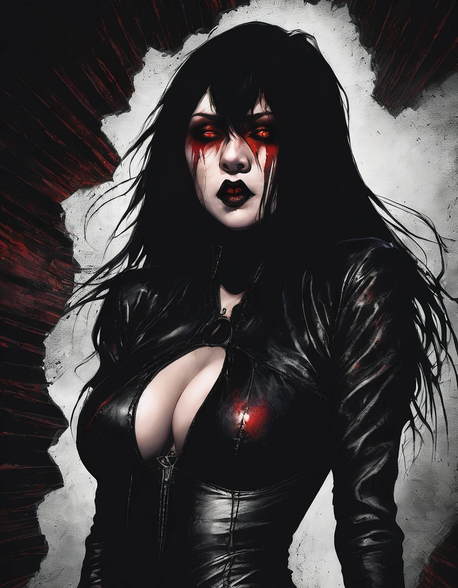 a beautiful busty Asian vampire goth woman in a torn ripped leather bodysuit revealing one breast, ultra detailed, dramatic lighting, moody dark atmosphere, cinematic quality, dark fantasy, glowing red eyes and hair