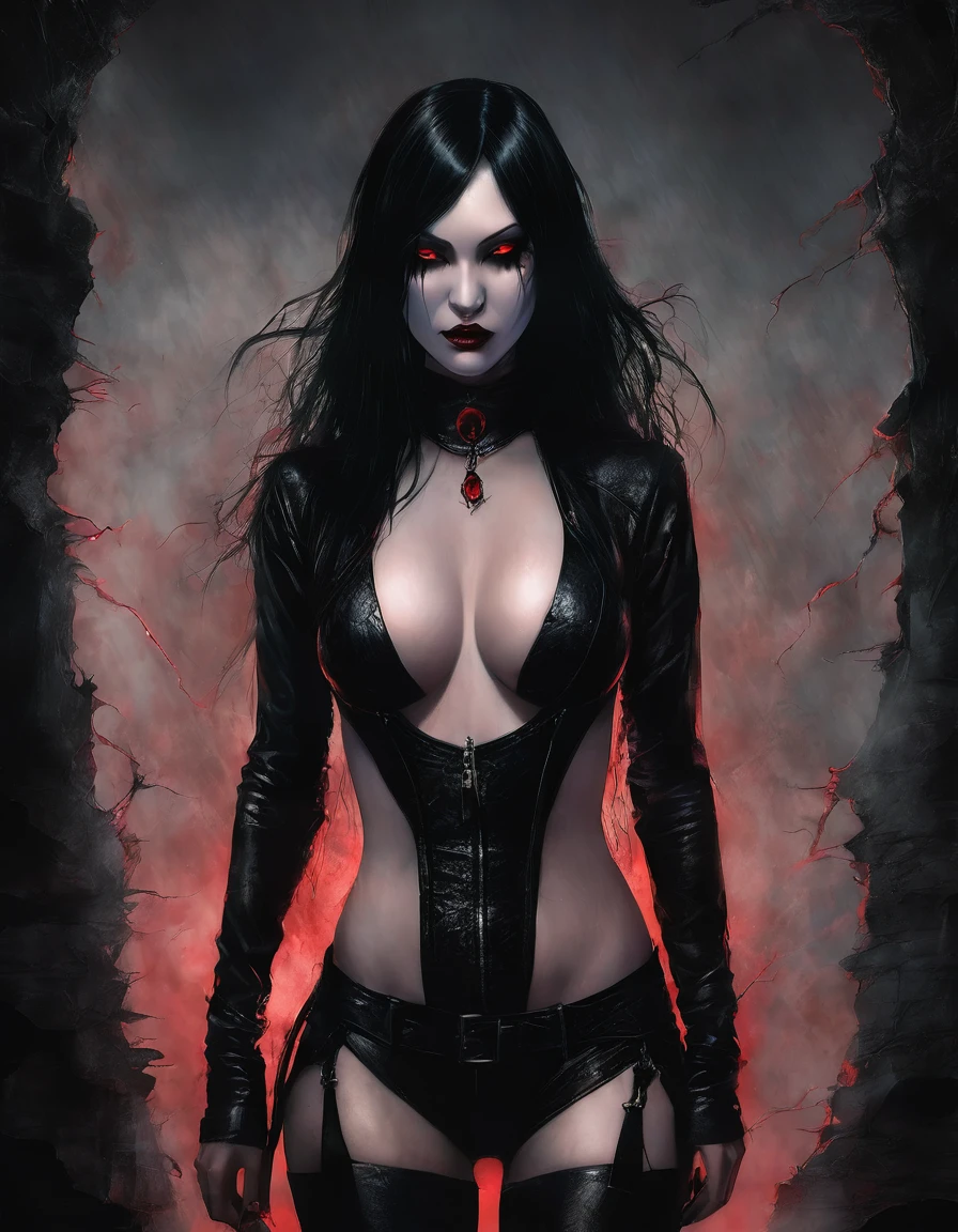 a beautiful busty Asian vampire goth woman in a torn ripped leather bodysuit revealing one breast, ultra detailed, dramatic lighting, moody dark atmosphere, cinematic quality, dark fantasy, glowing red eyes and hair