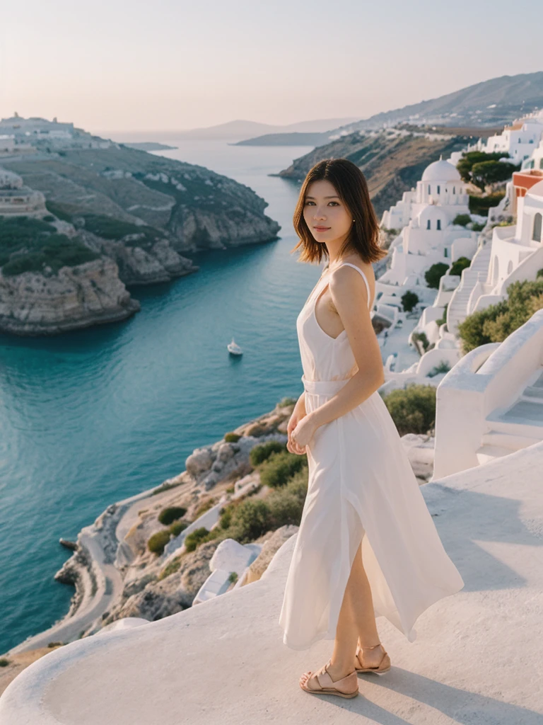 her name is Asako, high quality, 1girl, ((20-year-old fit Caucasian woman)), ((20 years old)), ((slim)), ((Hime Cut)), pose: standing, wearing stylish fashionable Generation-Z modern wear dark colored, BACKGROUND: On the caldera cliffs of Oia, with stunning sunsets over the Aegean Sea and whitewashed buildings with blue domes