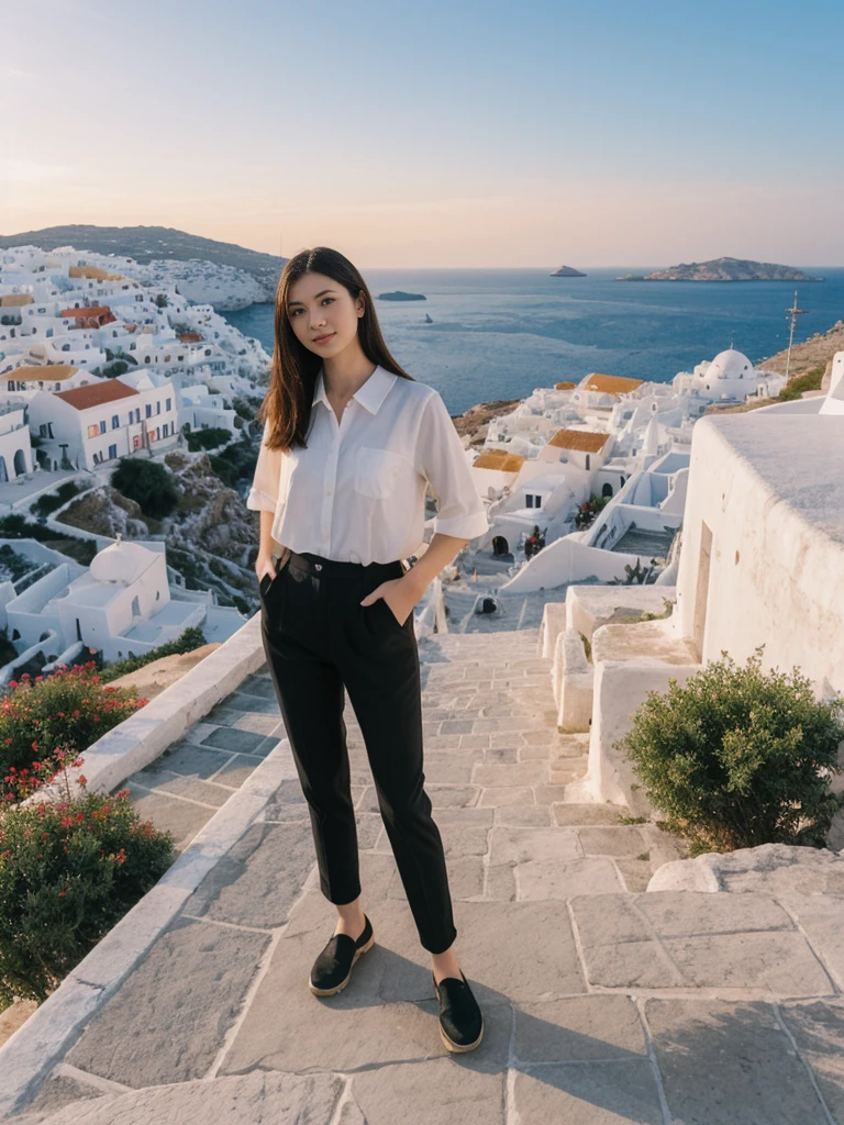 her name is Asako, high quality, 1girl, ((20-year-old fit Caucasian woman)), ((20 years old)), ((slim)), ((Hime Cut)), pose: standing, wearing stylish fashionable Generation-Z modern wear dark colored, BACKGROUND: On the caldera cliffs of Oia, with stunning sunsets over the Aegean Sea and whitewashed buildings with blue domes