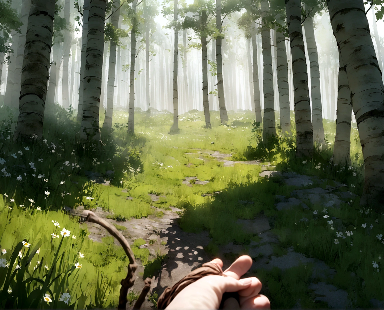 High-definition disaster masterpiece,Canon,RAW Photos,(Faithfulness:1.4),Poster Effects,The base color is light,Natural light, noon,Vast grassland,There was a little fog,spring,main color is green,stream,Vast birch forest,First Person View