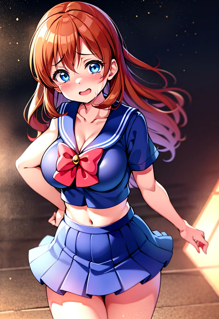 Kousaka honoka, blue eyes, sailor moon lingerie, red face,blunt hair,curvy body, standing, cowboy shot , tokyo street, japan, cleavage,  ahoge, Blushing, sailor moon pose、 Face full of scars、Skin shiny with sweat、 injured scared girl、 crying wet bursting out eyes, real tears streaming down face, ultra-detailed eyes,bandaid on face,covered with mud,expression of despair,Illumination that emphasizes shiny sweat{{{Spread }}},(crotch rope walking:1.0)