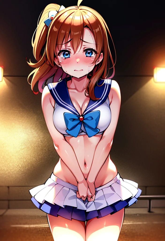 Kousaka honoka, blue eyes, sailor moon lingerie, red face,blunt hair,curvy body, standing, cowboy shot , tokyo street, japan, cleavage,  ahoge, Blushing, sailor moon pose、 Face full of scars、Skin shiny with sweat、 injured scared girl、 crying wet bursting out eyes, real tears streaming down face, ultra-detailed eyes,bandaid on face,covered with mud,expression of despair,Illumination that emphasizes shiny sweat{{{Spread }}},(crotch rope walking:1.0)