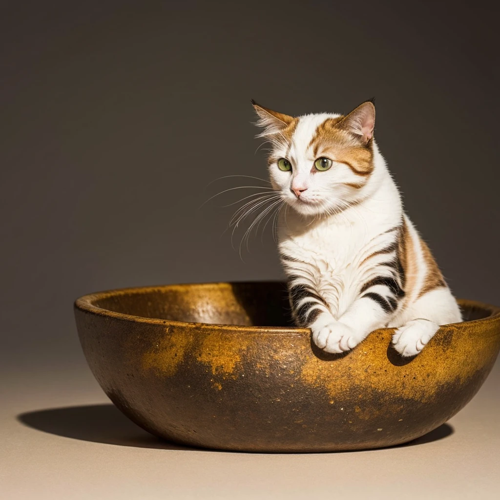 In the afterglow of the setting sun,子Cat,A lonely look,There is a beard drawn around the mouth,Cute, isn't it?。,前足は招きCatのジェスチャーをしている,There is an empty rice bowl next to iays &References;Looking for dried fish&References;。(Highest quality,4K,8K,Superior,masterpiece:1.2),Very detailed,(real,Photo realistic,Photo realistic:1.37),Detailed animals,real的灯光,Cute Creatures,pale,Thick textured paint, quiet,Abstract art,emotion,emotion,high resolution,8K , Cat,, Gentle expression