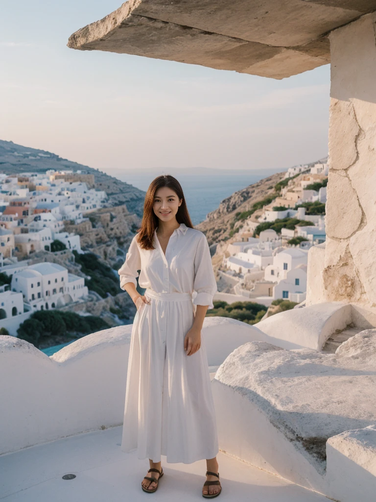 her name is Asako, high quality, 1girl, ((20-year-old fit Caucasian woman)), ((20 years old)), ((slim)), ((Hime Cut)), pose: standing, wearing stylish fashionable Generation-Z modern wear dark colored, BACKGROUND: On the caldera cliffs of Oia, with stunning sunsets over the Aegean Sea and whitewashed buildings with blue domes