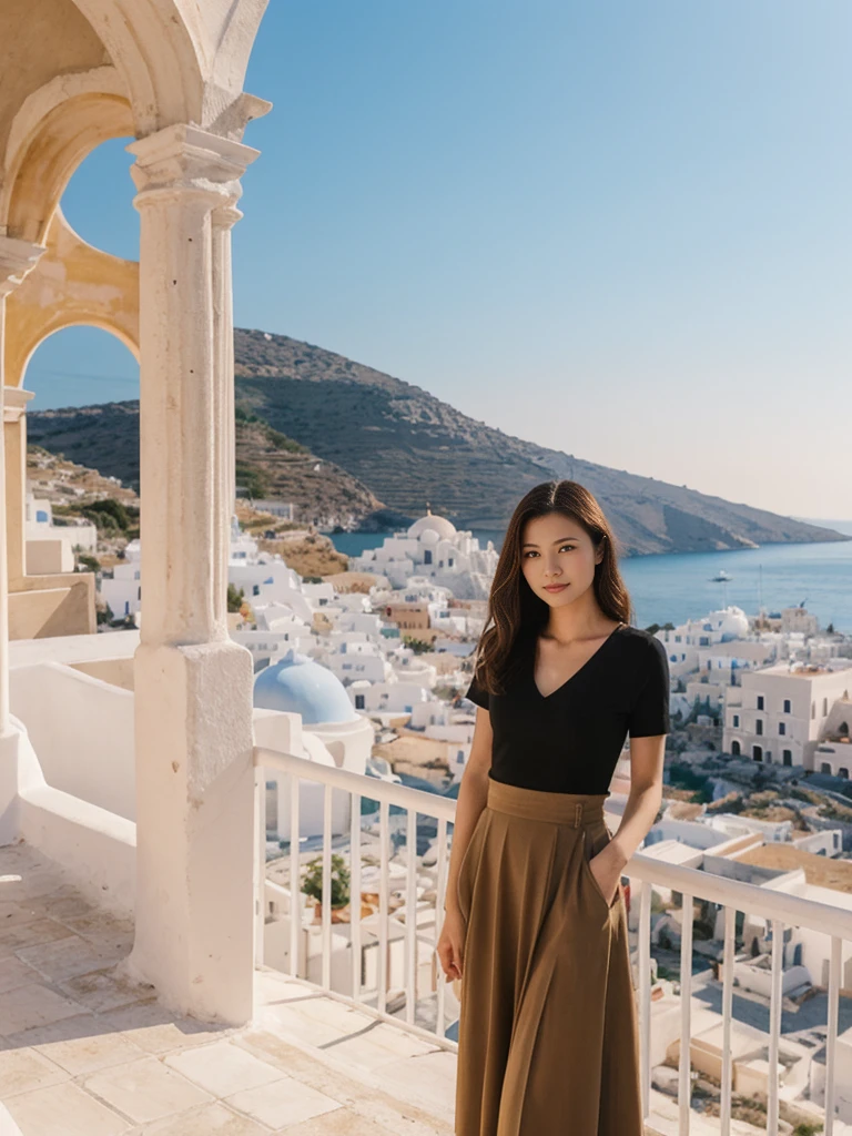 her name is Asako, high quality, 1girl, ((20-year-old fit Caucasian woman)), ((20 years old)), ((slim)), ((Hime Cut)), pose: standing, wearing stylish fashionable Generation-Z modern wear dark colored, BACKGROUND: On the caldera cliffs of Oia, with stunning sunsets over the Aegean Sea and whitewashed buildings with blue domes