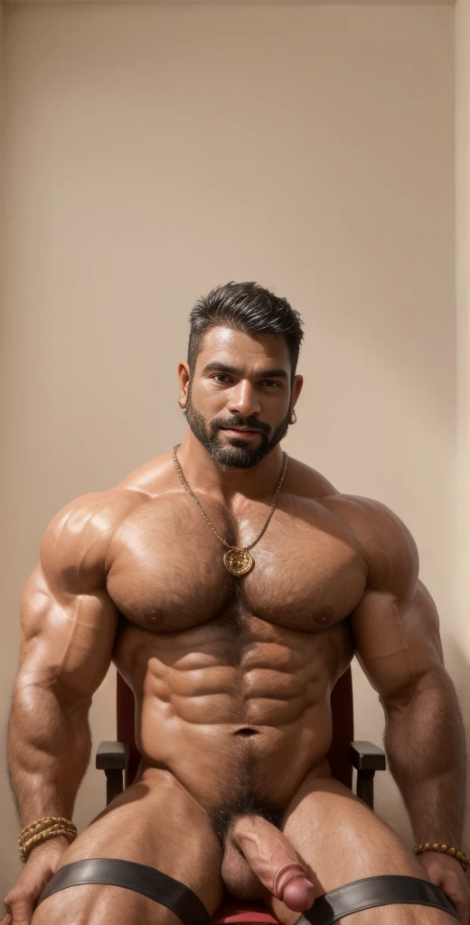 (masterpiece, intricately detailed, highest resolution, best quality:1.2),a cocky indian stud, a 35 y.o muscle dad with a muscular physique sitting on a chair with black eyes,dark-skinned male, huge beard, mutton- chops, wearing chest harness, bracelets, necklace, jewelry, flaccid penis,saggy balls,hairy chest,vascular,muscle striations,soft light,fantastic realism, colth