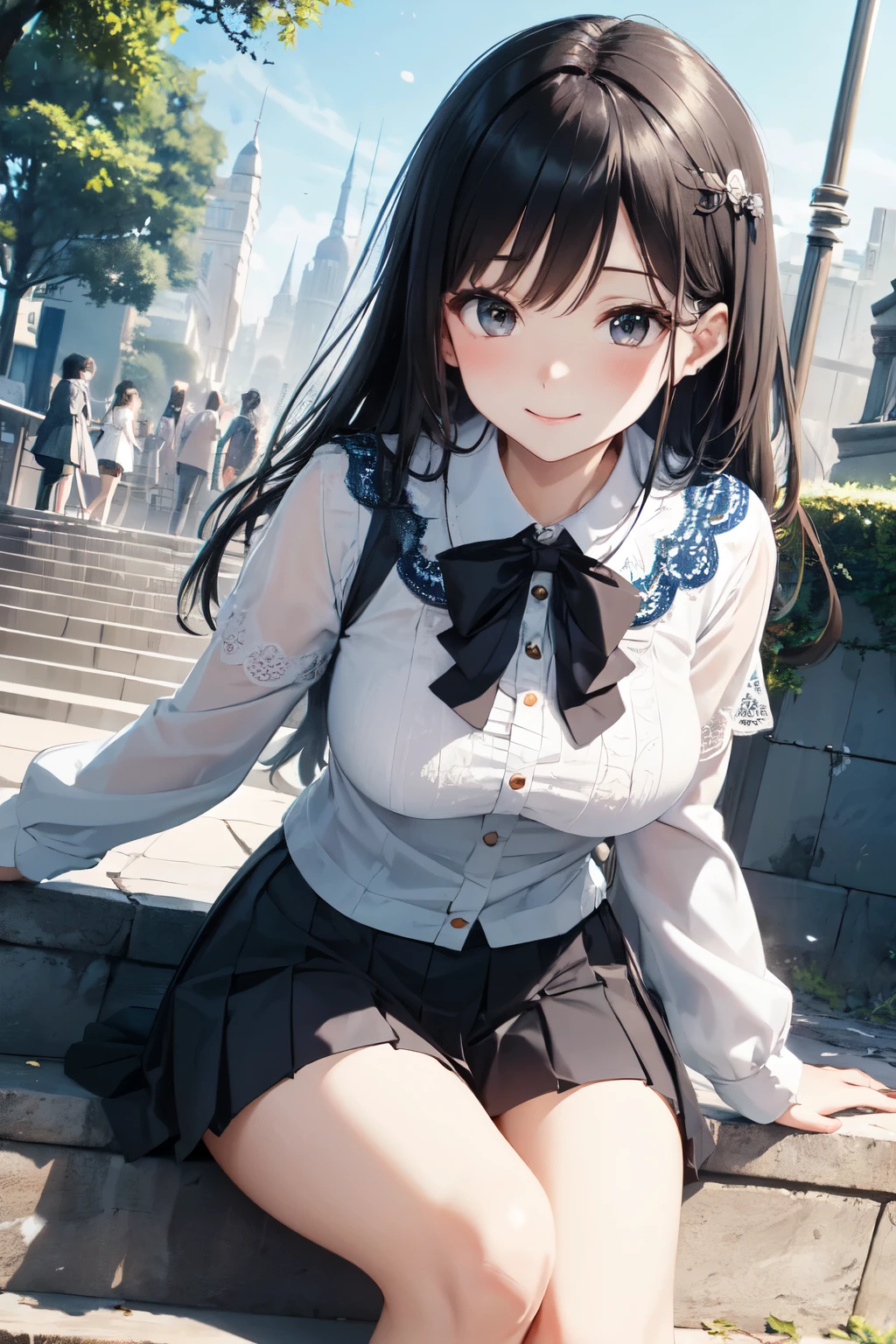 very cute and beautiful girl,(Very detailed美しい顔), (smile),blush,Black Hair,Seraphim,(Pleated navy blue mini skirt),Sitting,(From below),(Lacy white panties), Stairs in the park、Distant Tree々and the city, (Highest quality,masterpiece:1.0),Absurd,High resolution,Super detailed,Very detailed,32k,8K resolution, Intricate details,Movie Scenes,Detailed Background,alone,Dynamic Angle,