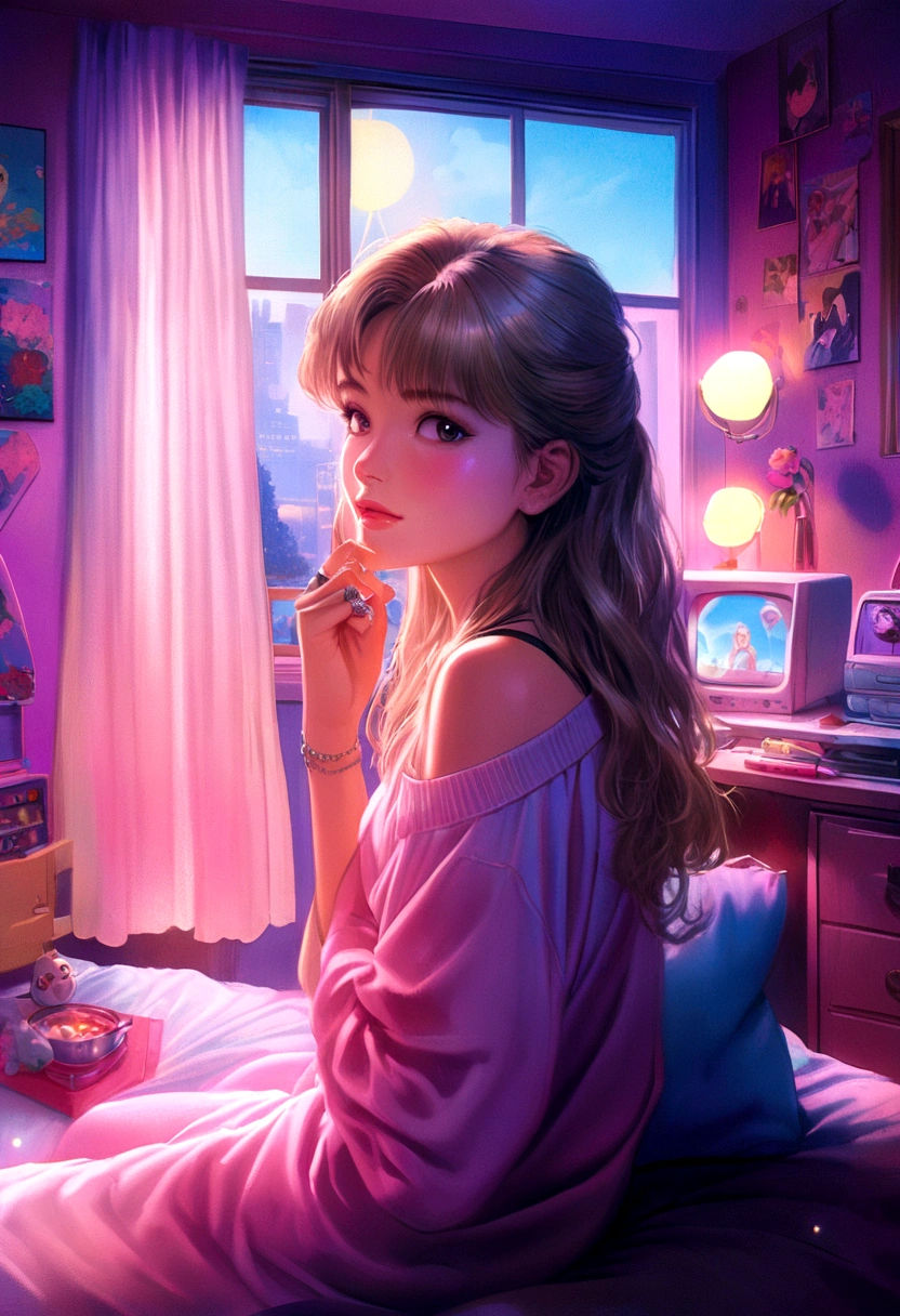 Anime Background,90s teen bedroom , Half realistic, Ring lighting , Prisma, Cinematic,pastel