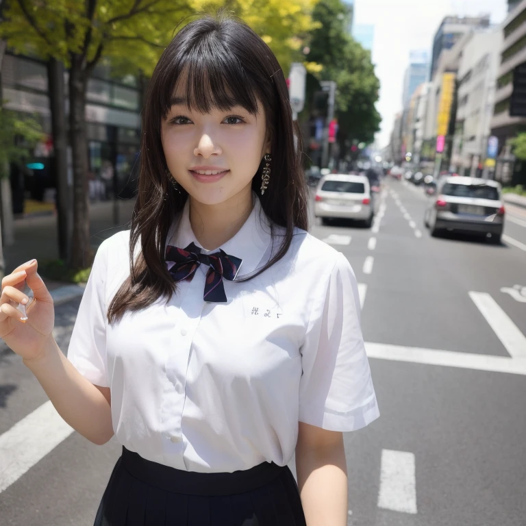 In detail, High resolution, high quality、Perfect dynamic composition, Beautiful attention to detail, Medium Hair, 、Natural color lip,Kamimei、Shibuya Ward、company employee、1 person、Clear Skin、Shiny Hair、Tabletop, 最high quality, figure, Ultra-detailed details, High resolution, 8K,T-Shirts(white)And a long skirt(black),Anatomically correct,cute,Perfect and beautiful hands,smile