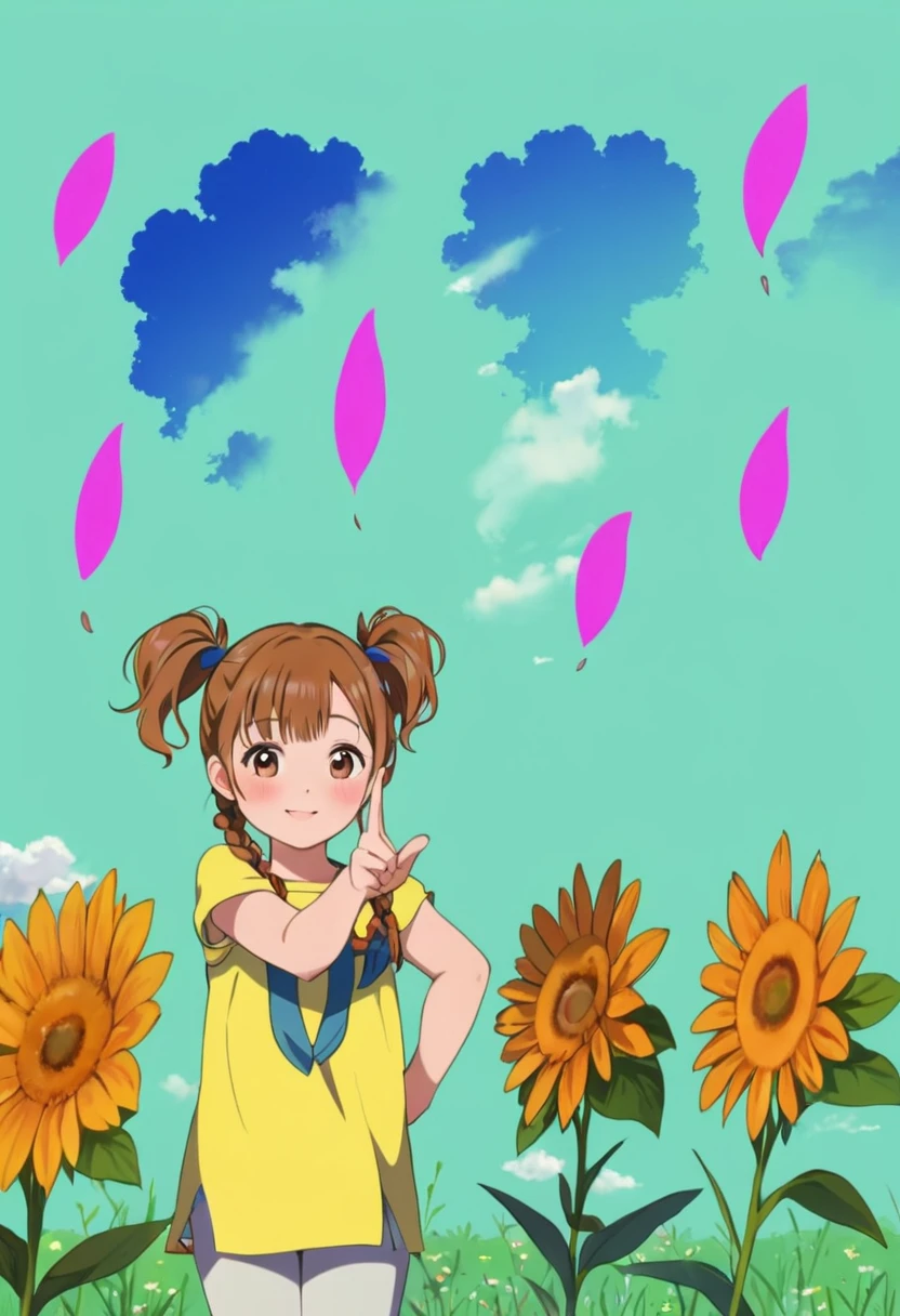 Park background, 1 5 girl, There are clouds in the sky, Flowers and fields spread out next to the child., fluttering petals, with pigtails, The hand is making a V.