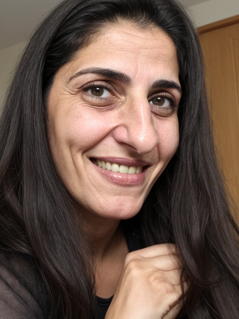 her name is Fatima, a middle-aged Syrian woman, (((snub nose))), (30 years old), (wrinkles), (ugly_face:1.3), 1girl, solo, (black long hair), grainy, amateur photo, smile