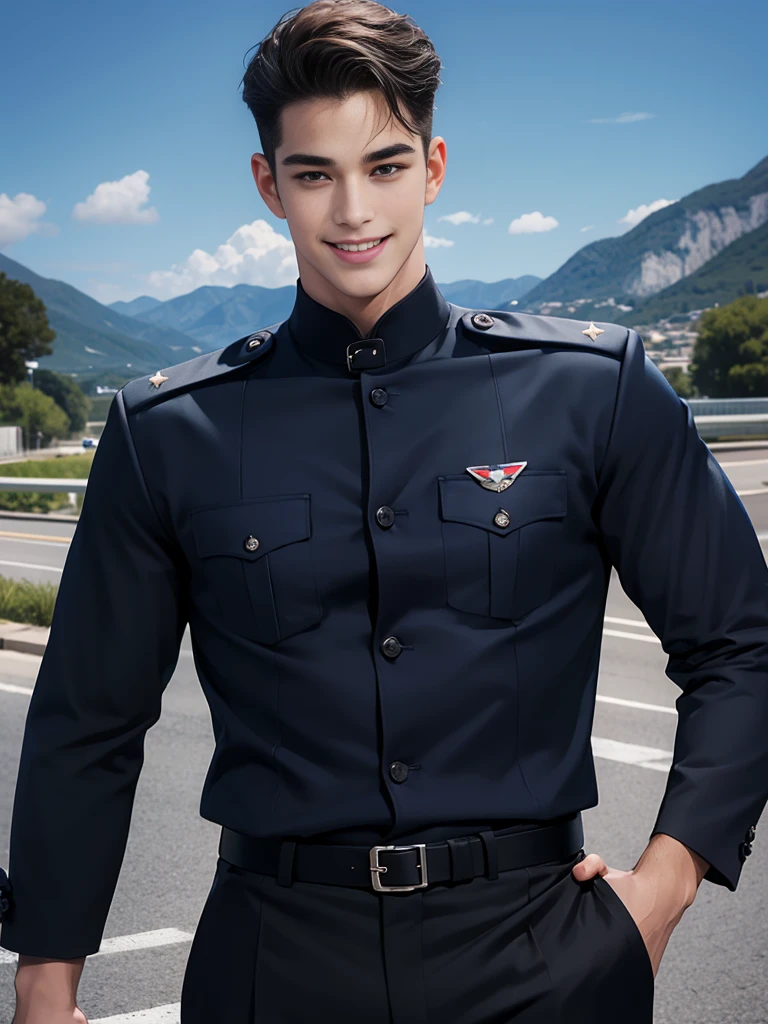 Handsome young man smiling,no beard,Approximately 26 years old,A deep and charming face,Navy Police Uniform,black pants,High quality,Details of the road backdrop